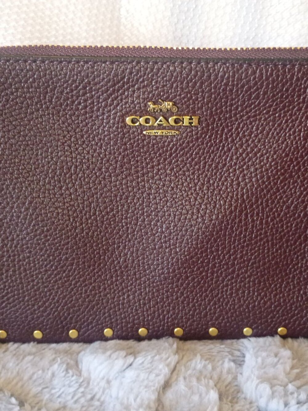 Coach Studded Pebble Leather Large Wristlet - Oxblood Burgundy & Gold